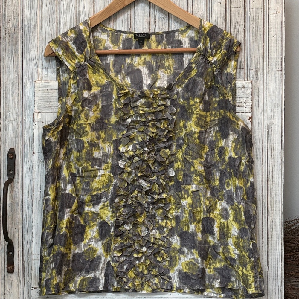 Talbots 100% Silk Abstract Ruffle Blouse in Yellow and Gray Size 10 EUC